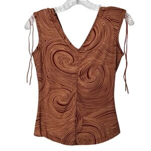 Vtg Y2K Forever 21 Sz S‎ Swirl Dot Print V Neck Tank Top Brown Tan Sleeveless
